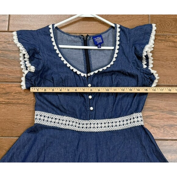 Womens Disney Beauty & The Beast Sz M Belle Denim Dress White Lace Vneck Cosplay - Picture 3 of 7
